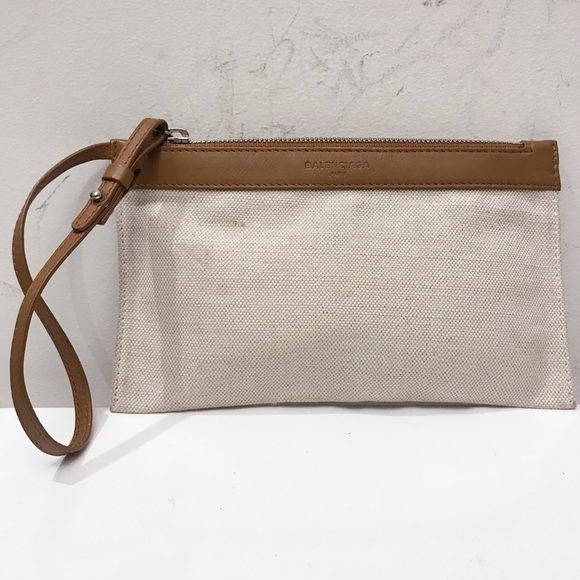 Balenciaga Handbags - Balenciaga Canvas Tan Leather Trim Small Wristlet Clutch Bag